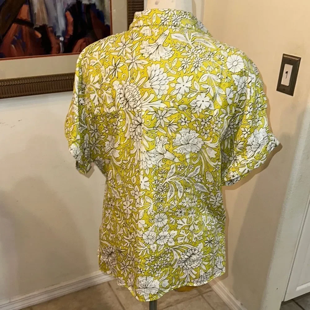 Rachel Ashwell Lime/ Yellow Floral 100% LINEN Boxy Button Down Shirt MEDIUM
